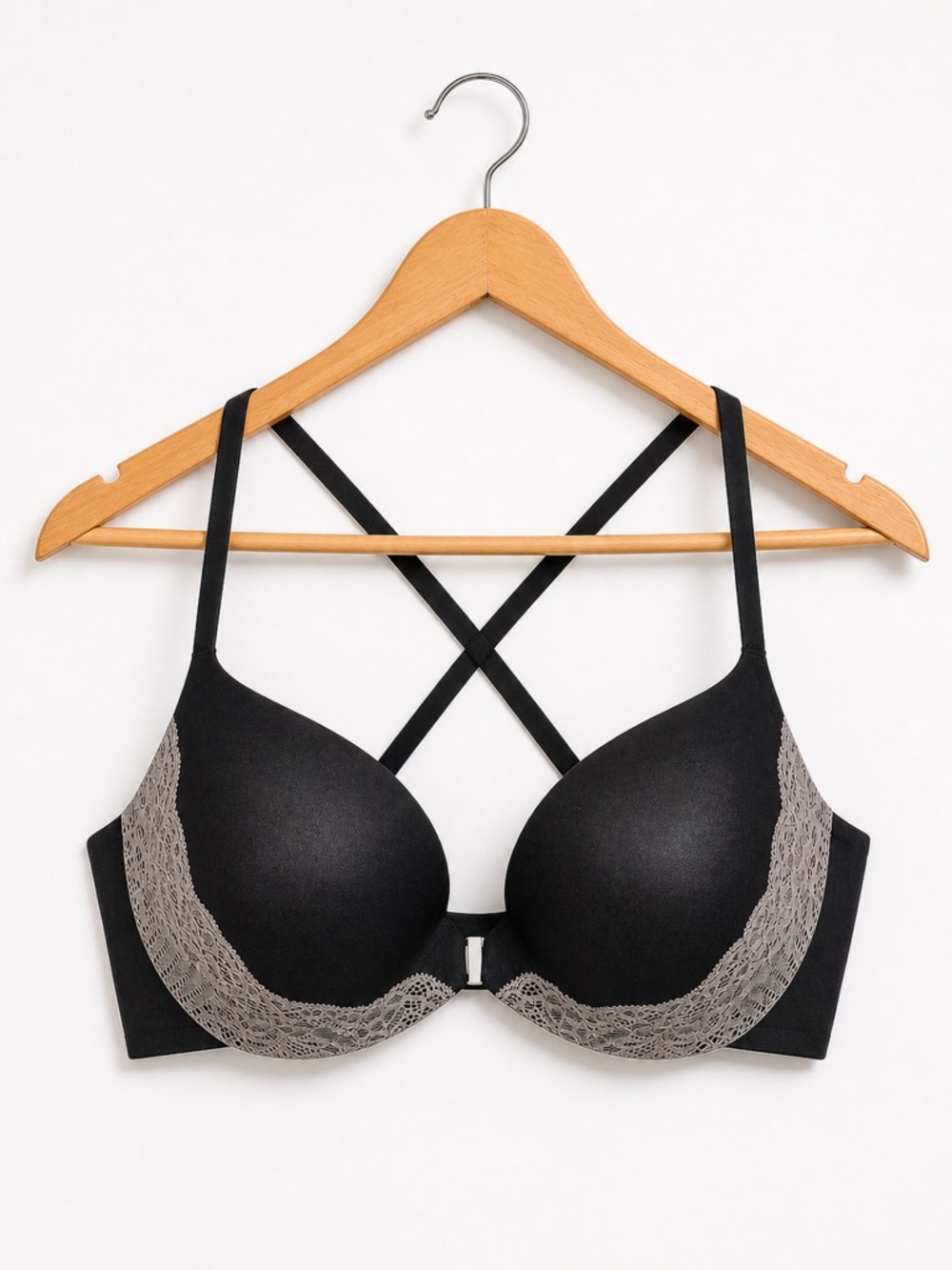 Victoria’s Secret Black Lace-Trim Push-Up Bra with Crisscross Straps